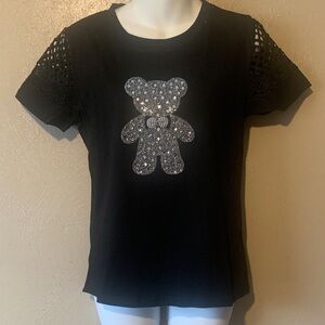28. Yuna size S/M Elegant Black Tee Sparkling Bear Design Lace Embroidery NWT